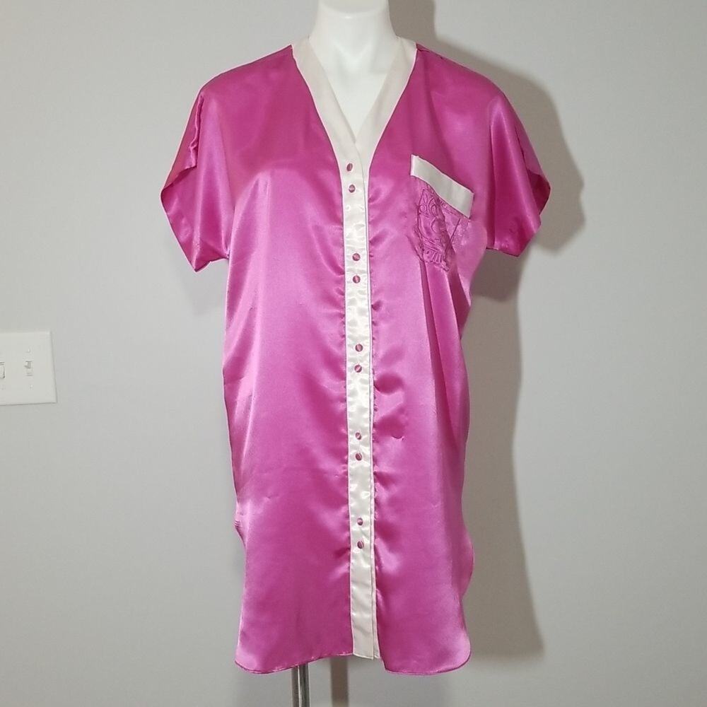 Cacique Pink Satin Sleep Shirt Nightgown White Trim Button Up Size Small